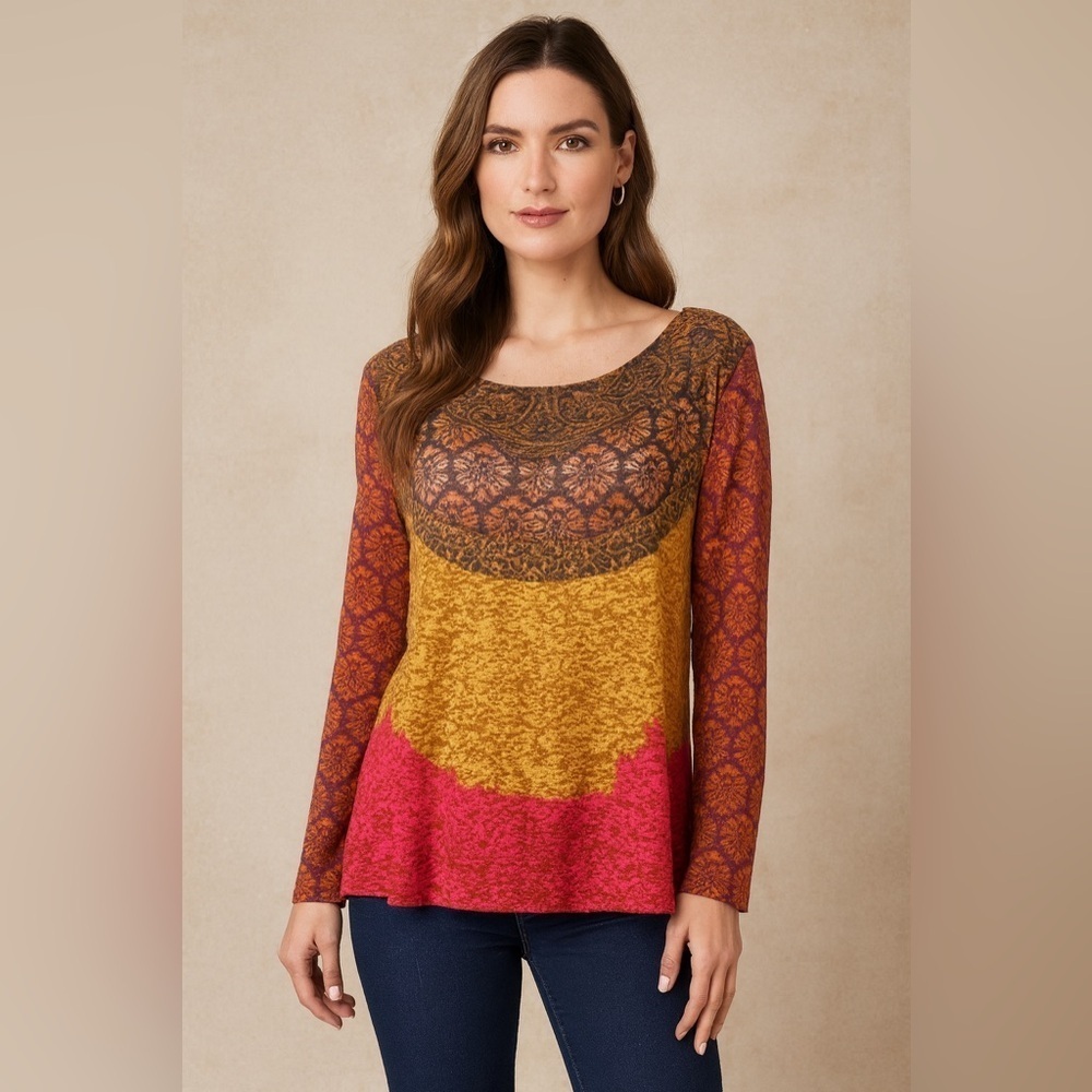 Sundance long sleeve color block T shirt size small semi sheer bohemian fall